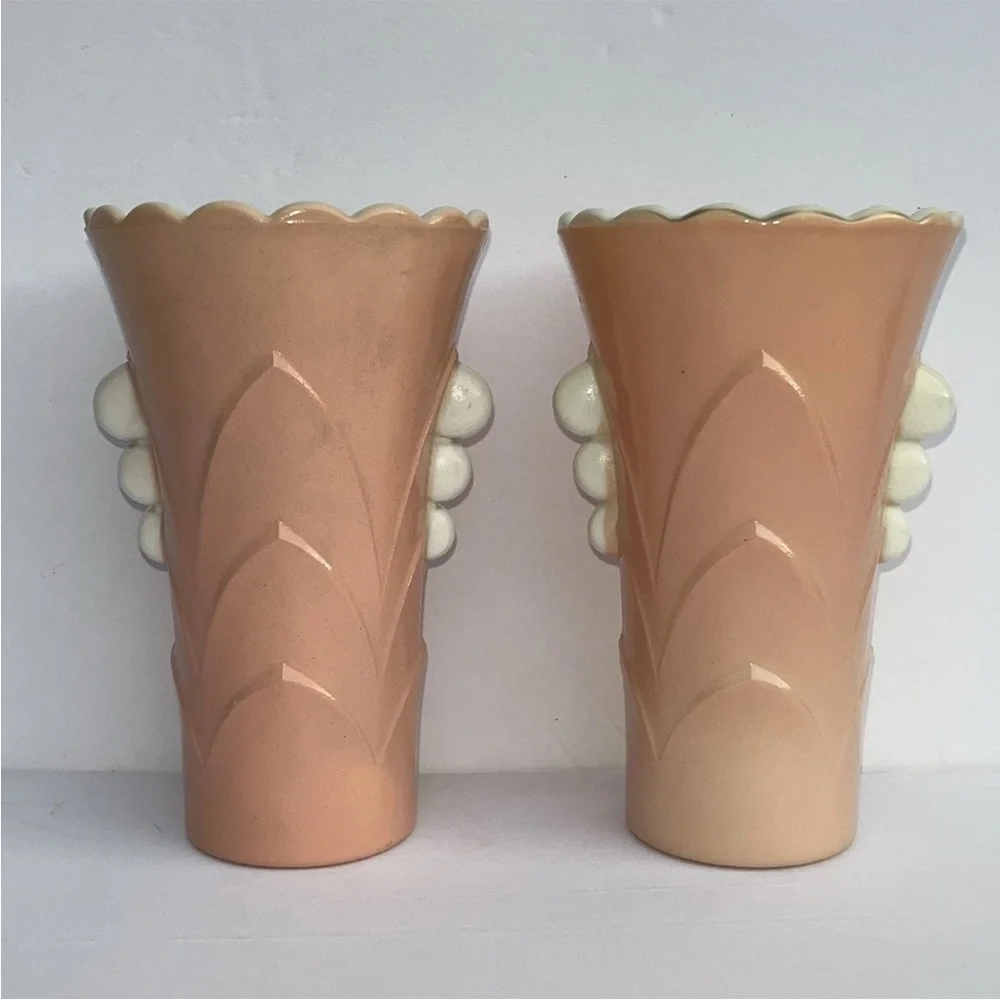 Vintage Anchor Hocking Fired On Pink Vitrock Scalloped Art Deco Style Vases